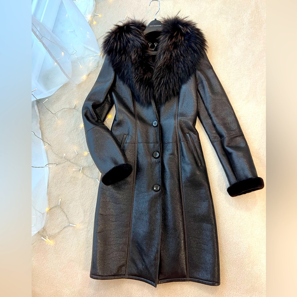 Brown Black Real leather and Real Fur Maxi Coat